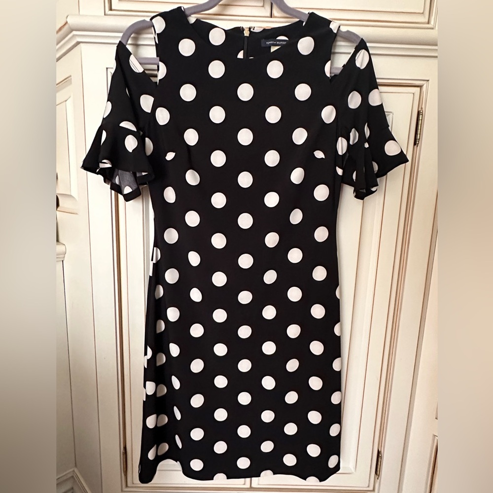 Tommy Hilfiger Black and White Polka Dot Cold Shoulder Dress